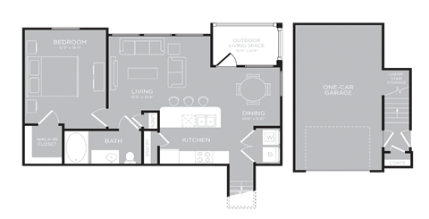 Floor plan for 1 bed, 1 bath, 840 sqft